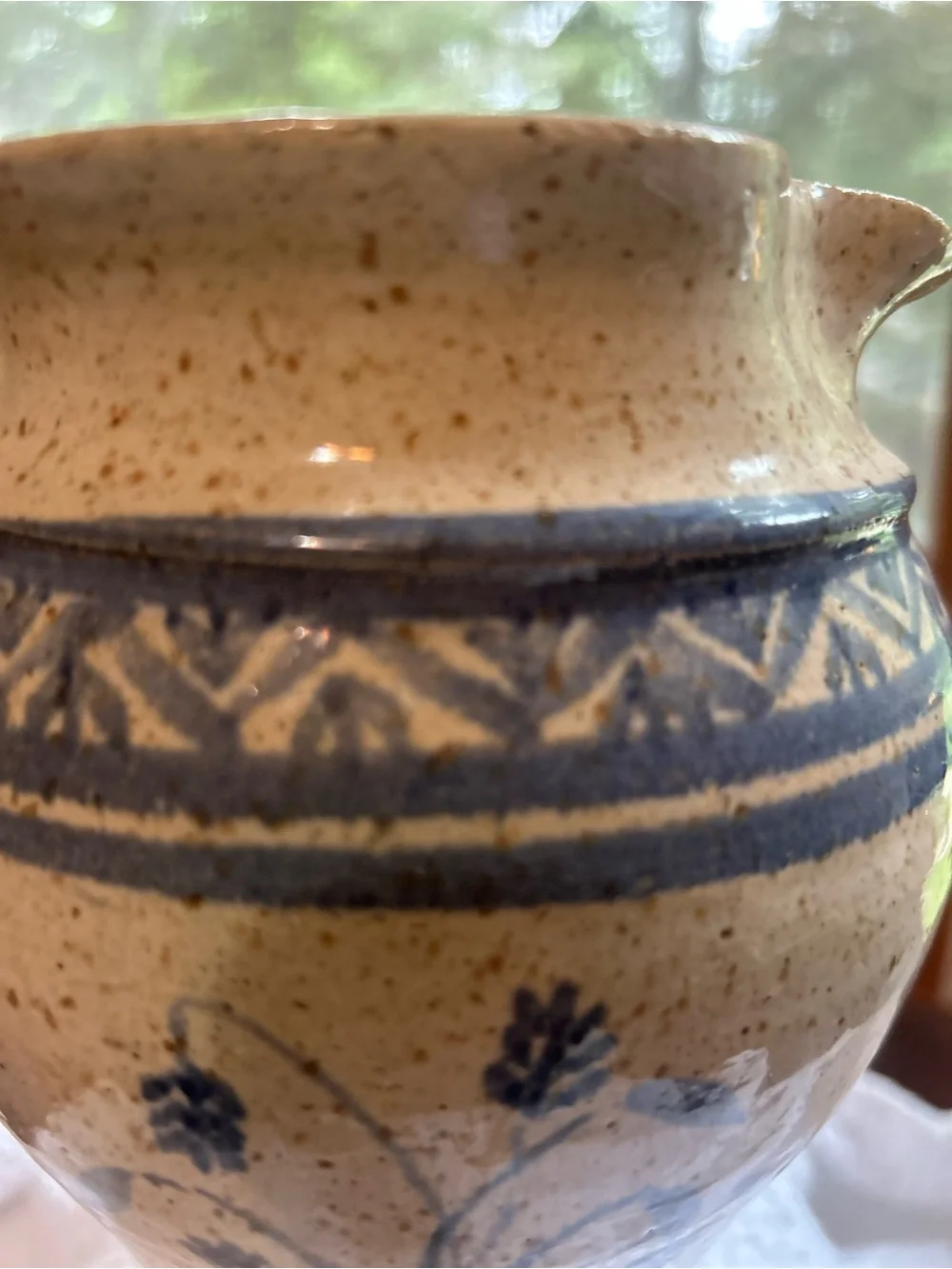 RB Vermont Hand-Painted Speckled Ceramic Pitcher/Vase in Blue and Cream